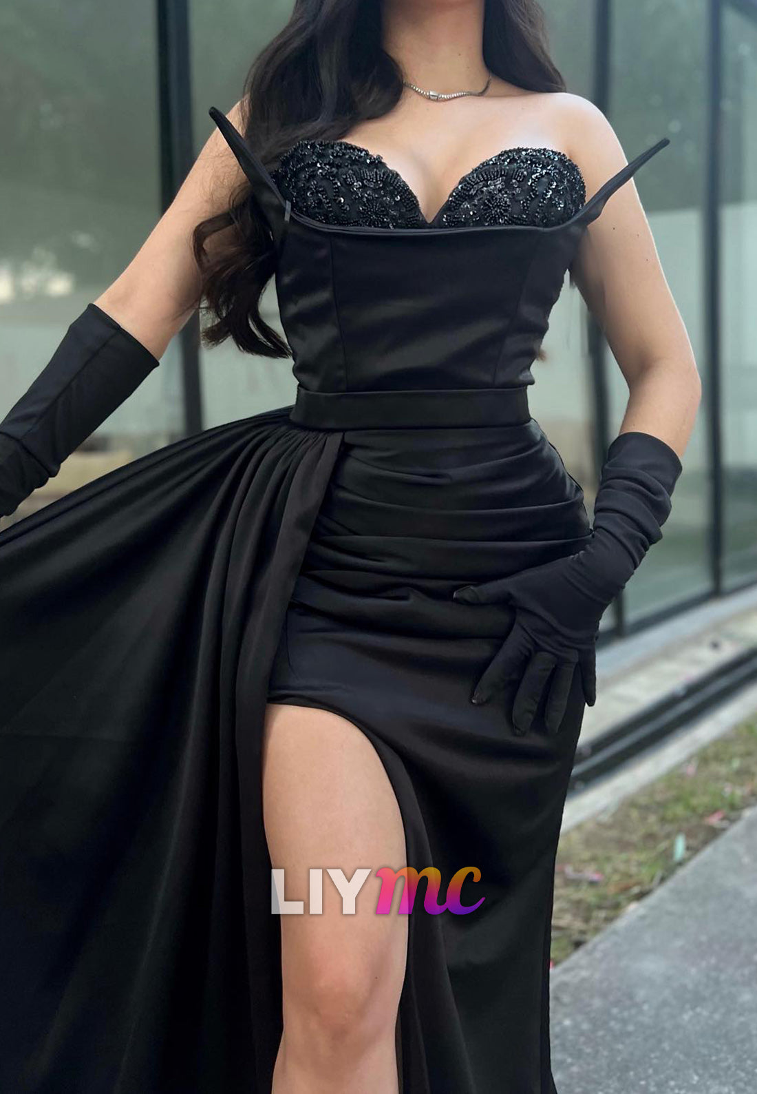 Sweetheart Beaded Pleated Evening Dress Sheath Prom Dress