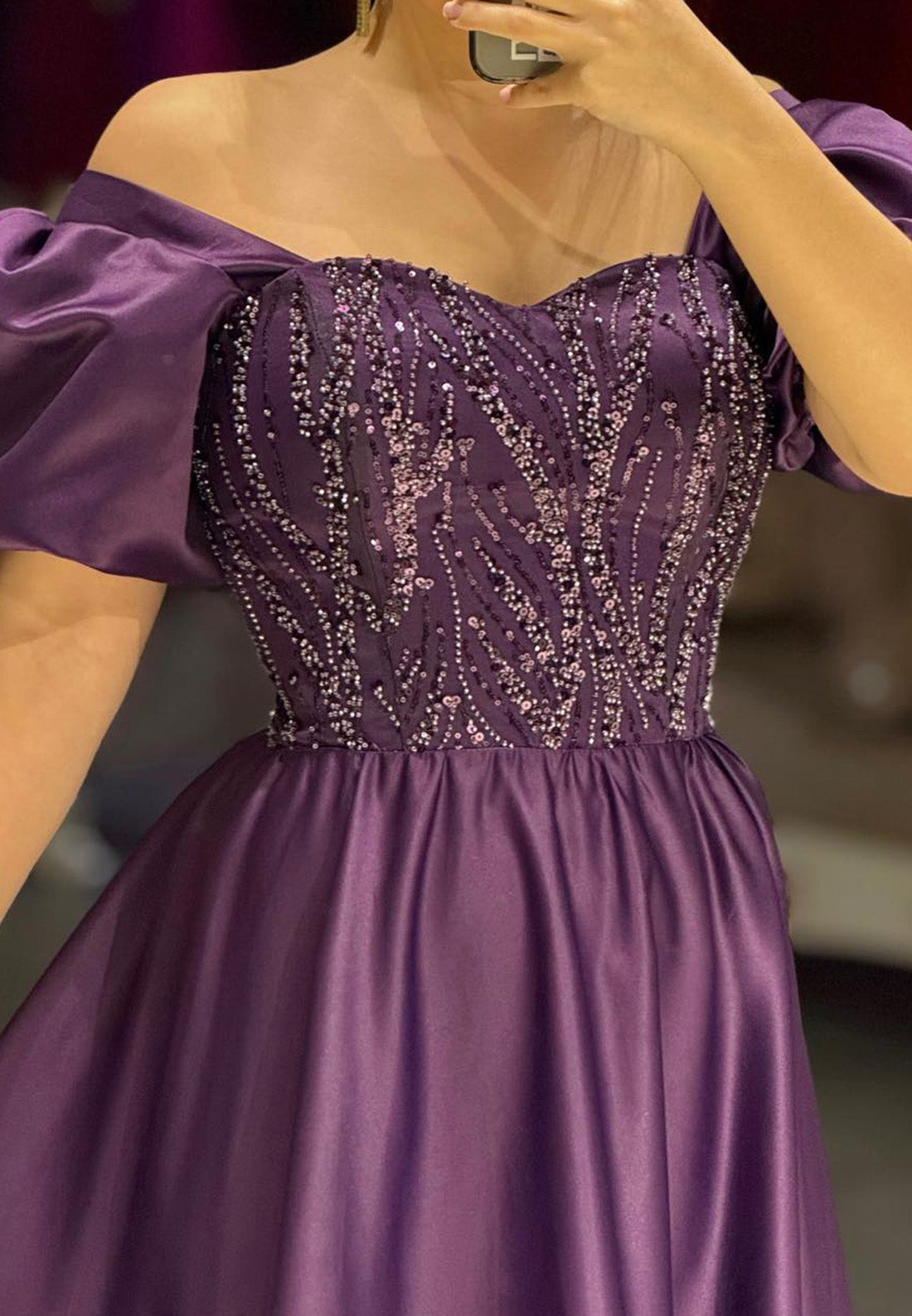 Sweetheart Beaded Puff Sleeves Pleated Satin A-Line Evening Dress