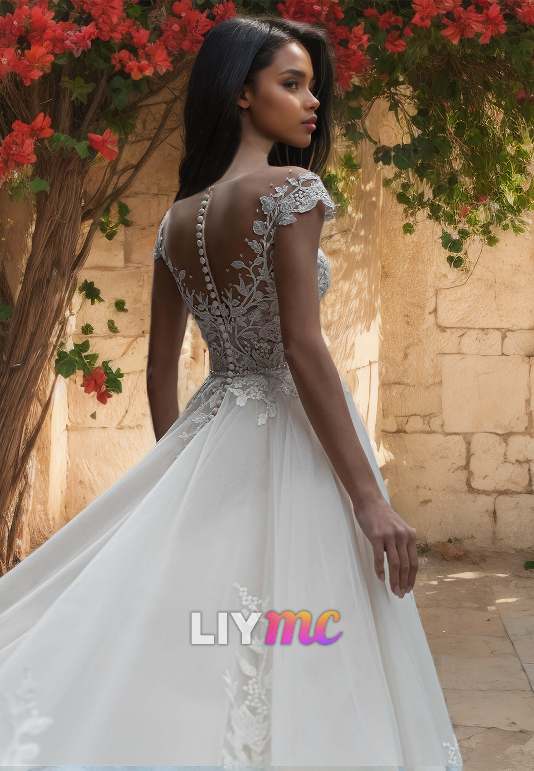 Sweetheart Cap Sleeves Appliques Tulle A-Line Wedding Dress