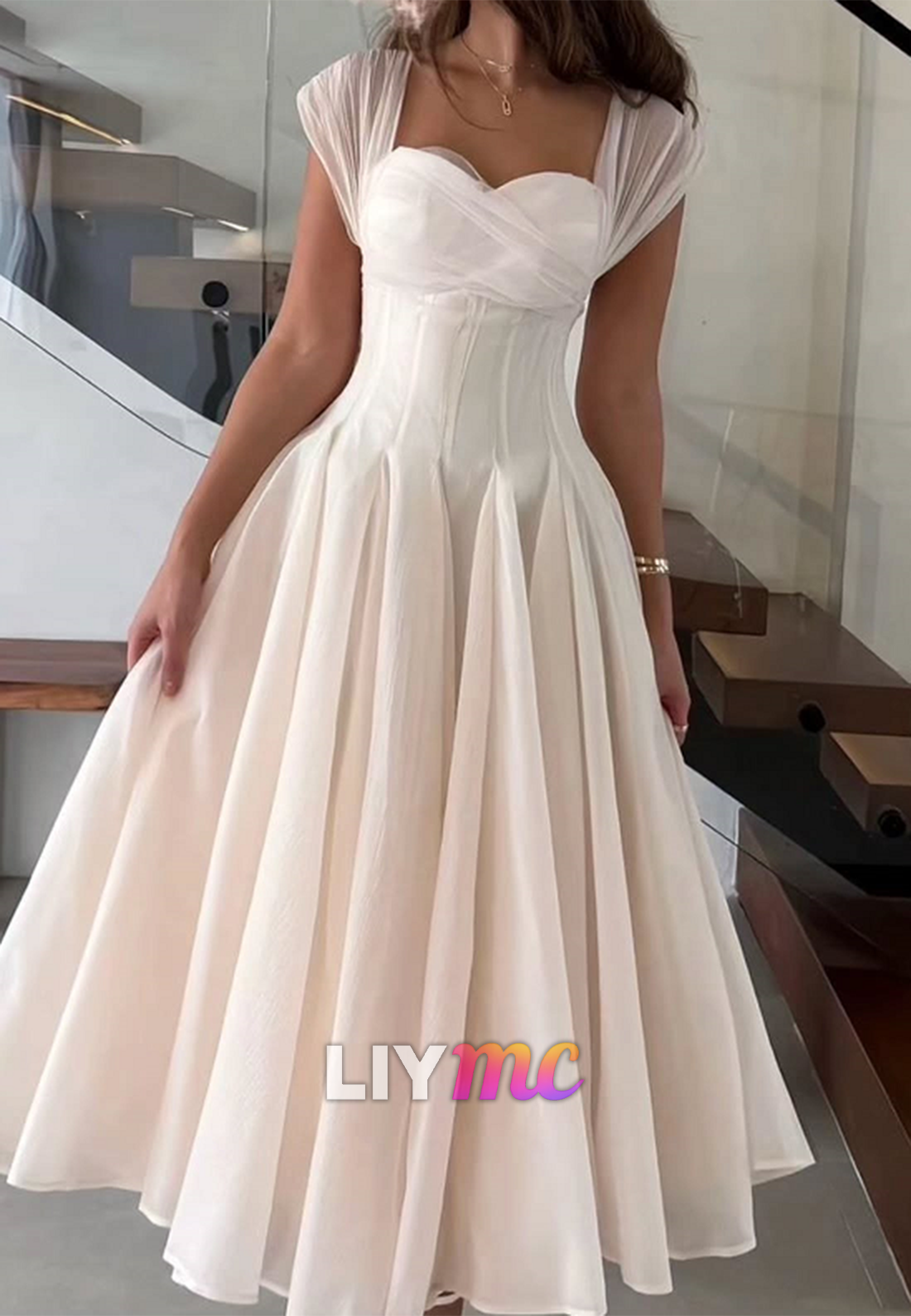 Sweetheart Cap Sleeves Pleated A-Line Party Dress