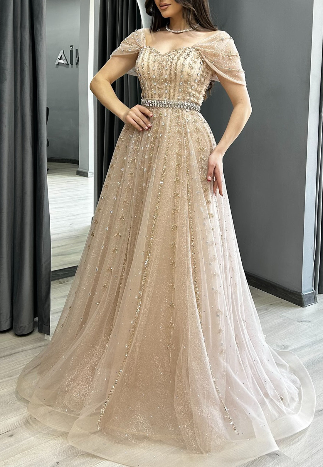 Sweetheart Cpa Sleeves Pleated Beaded Prom Dress A-Line Sparkly Evening Dress