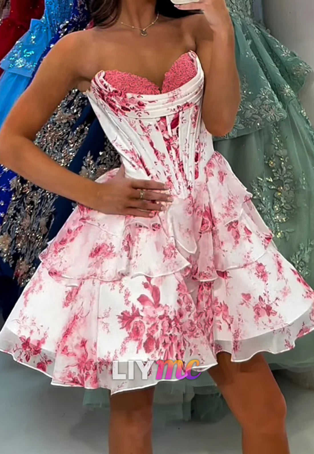 Sweetheart Floral Printed Chiffon Tiered Homecoming Dress