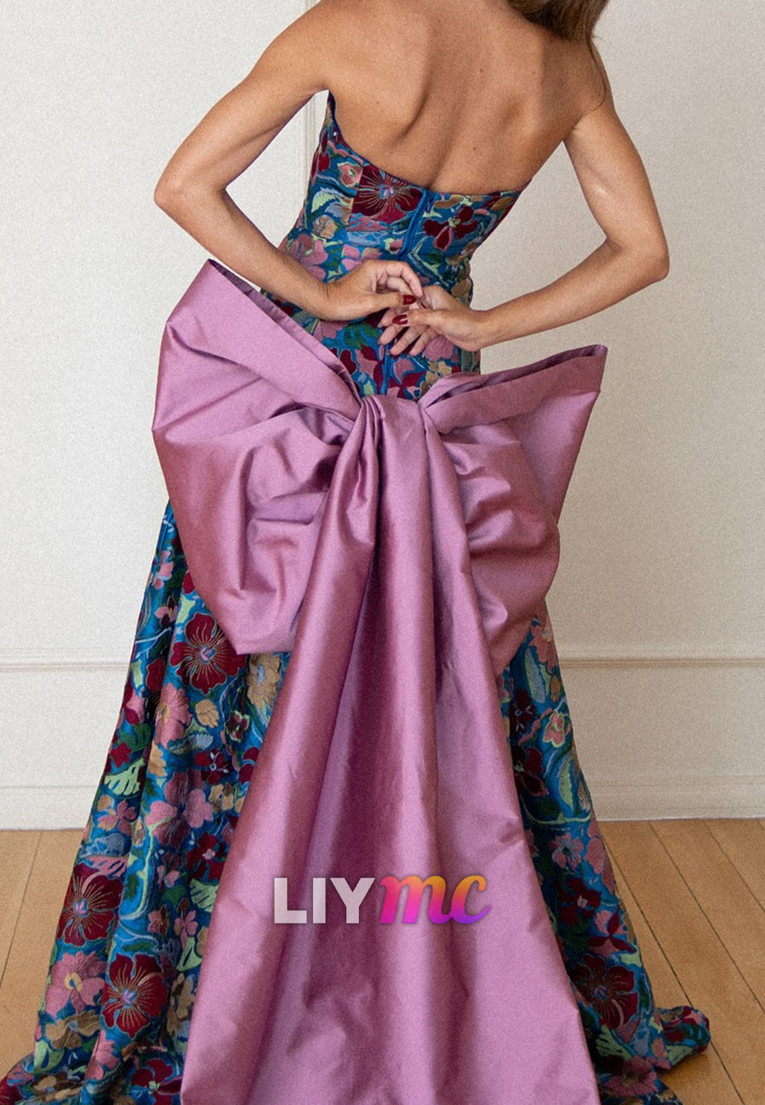 Sweetheart Floral Printed Satin Bow A-Line Evening Dress