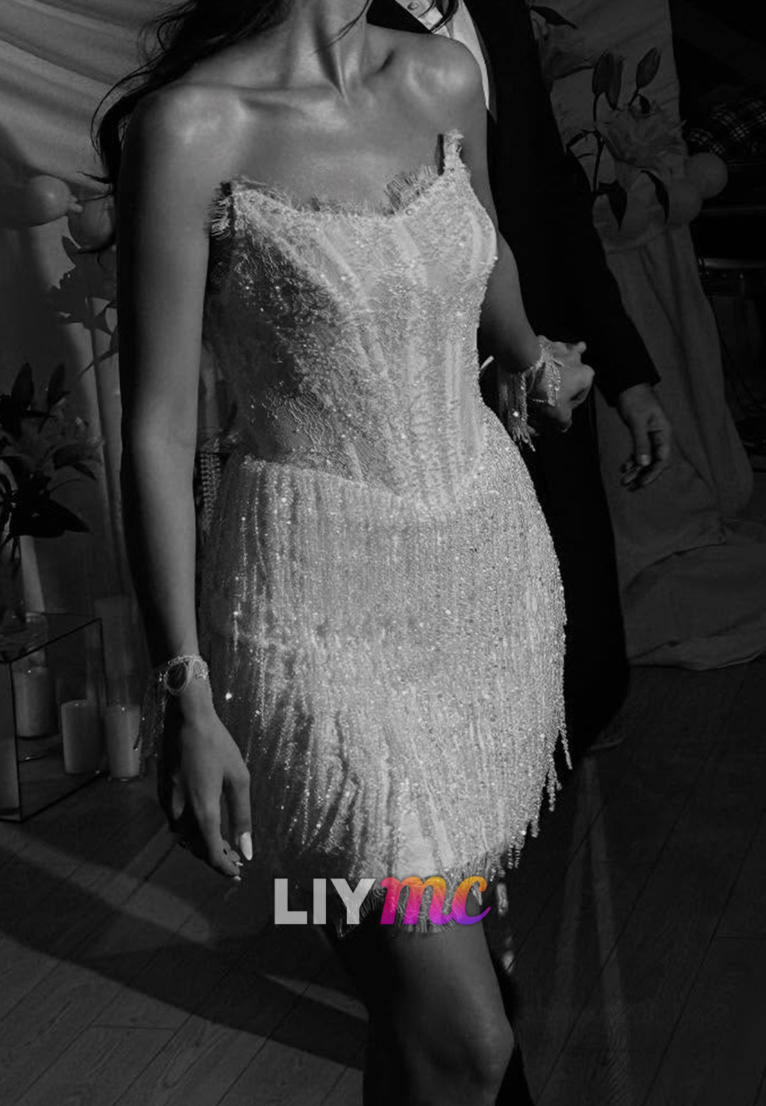 Sweetheart Lace Beaded Fringe Sheath Wedding Dress