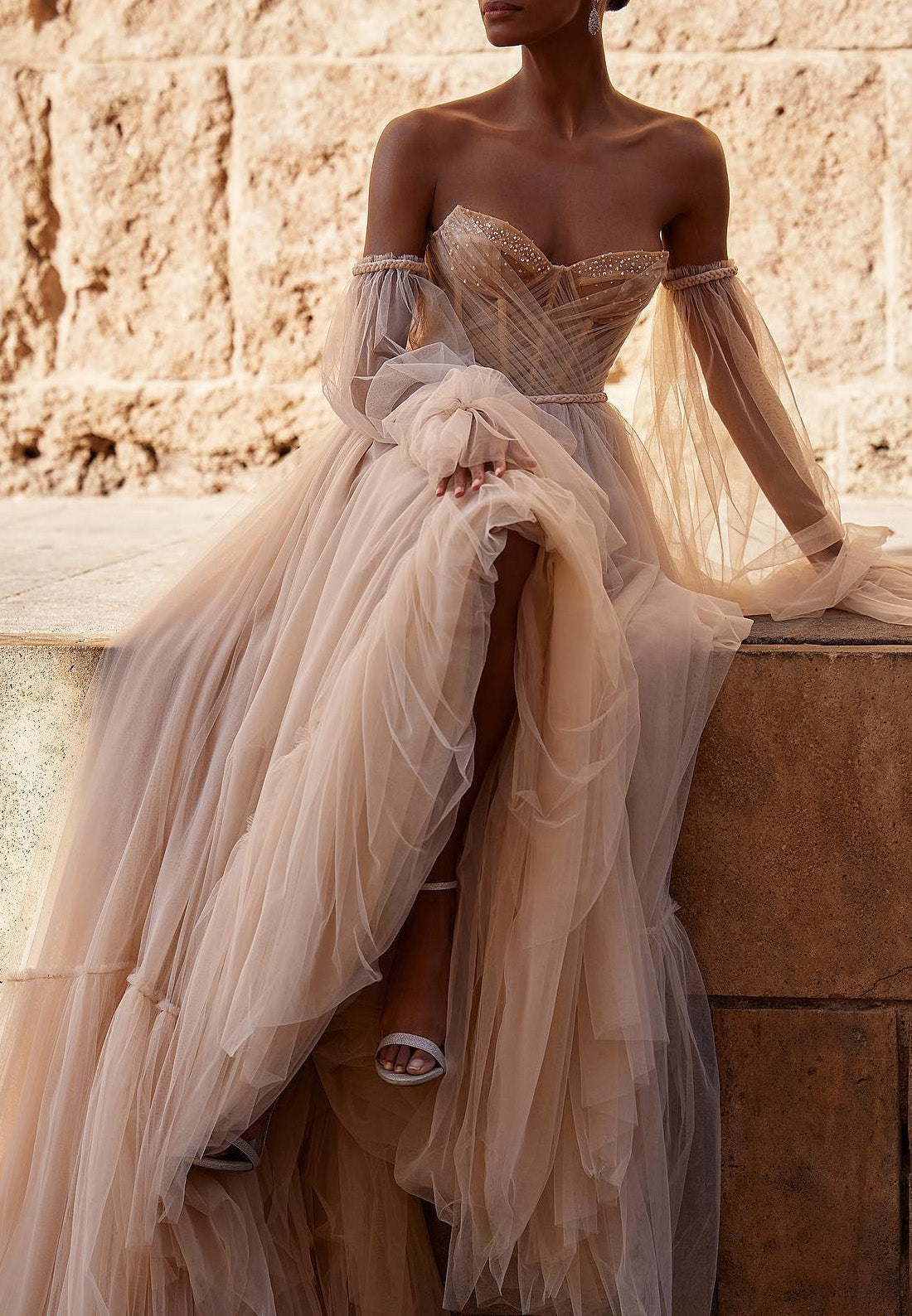 LW401 - Sweetheart Long Puff Sleeves Beaded Tiered Tulle Long Wedding Dress