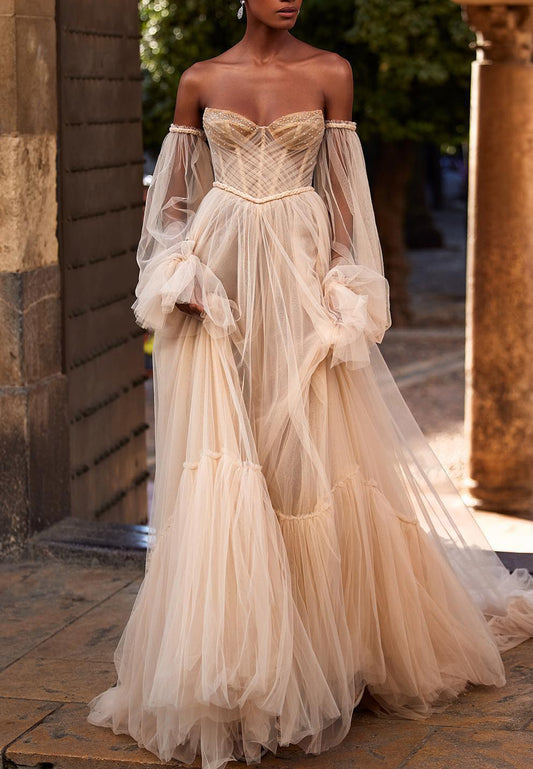 LW401 - Sweetheart Long Puff Sleeves Beaded Tiered Tulle Long Wedding Dress