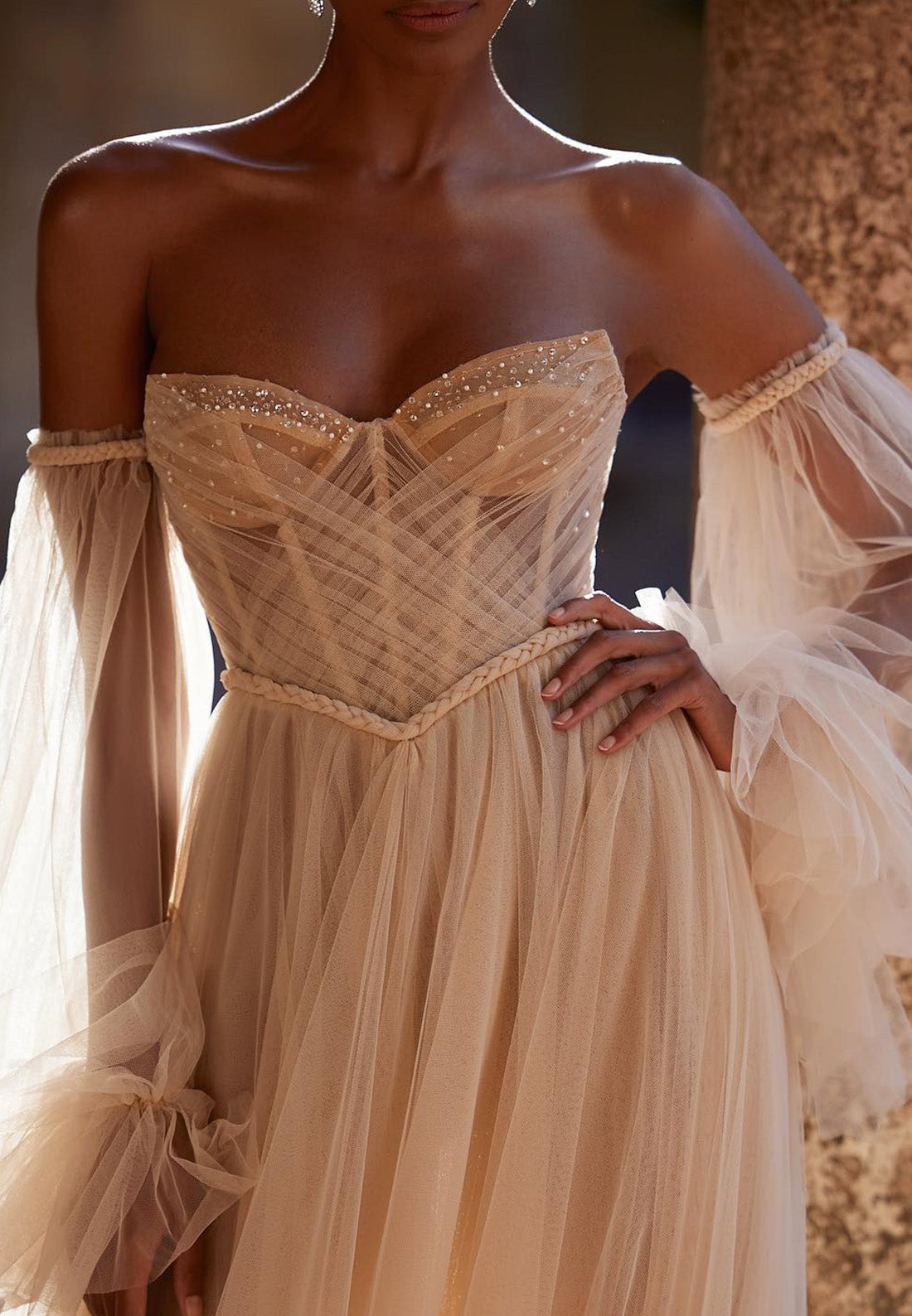 LW401 - Sweetheart Long Puff Sleeves Beaded Tiered Tulle Long Wedding Dress