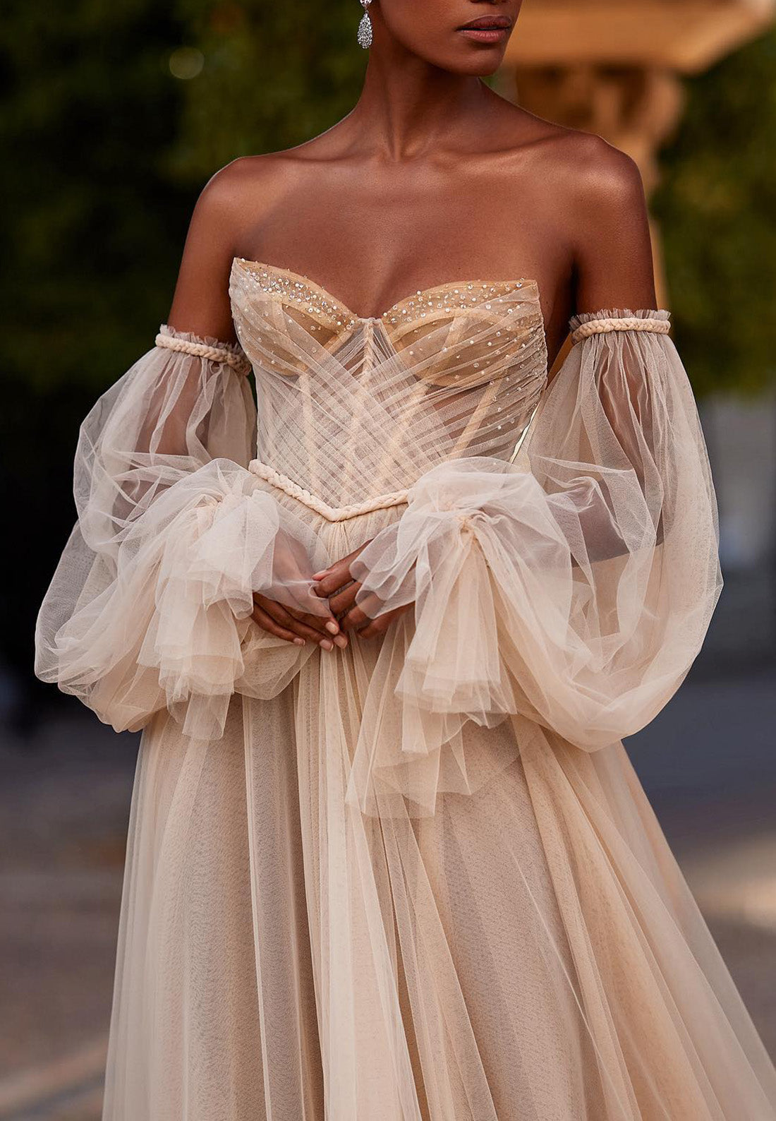 LW401 - Sweetheart Long Puff Sleeves Beaded Tiered Tulle Long Wedding Dress
