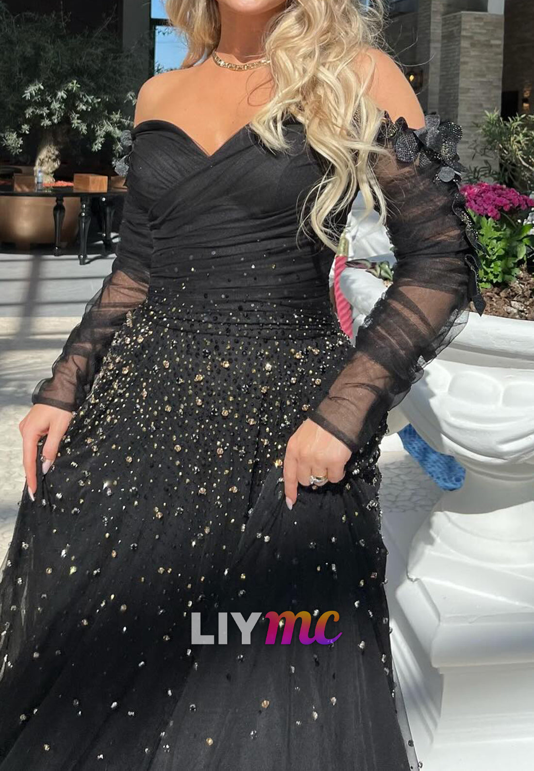 Sweetheart Long Sleeves Beaded Tulle Mermaid Evening Dress