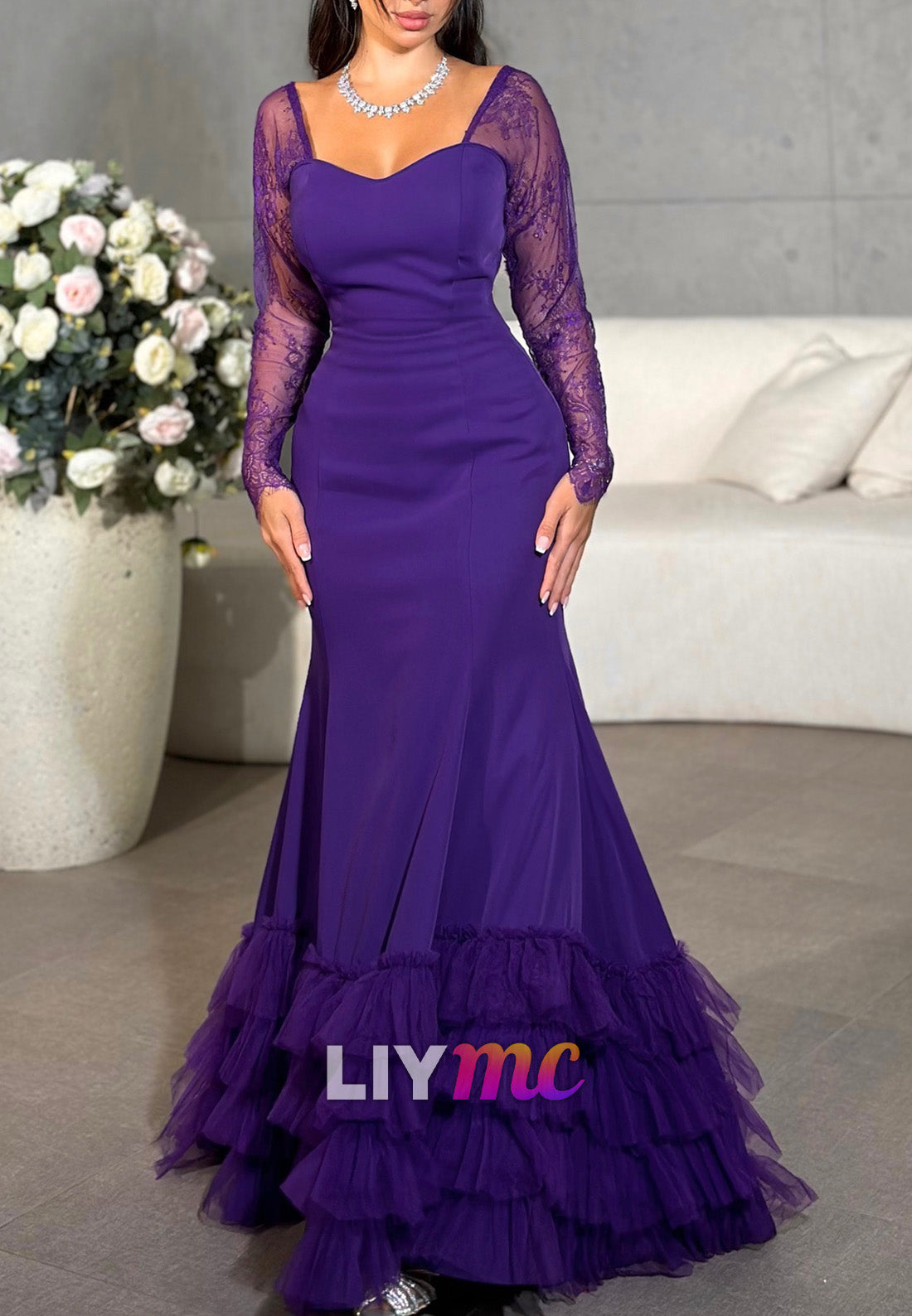 Sweetheart Long Sleeves Appliques Mermaid Formal Dress