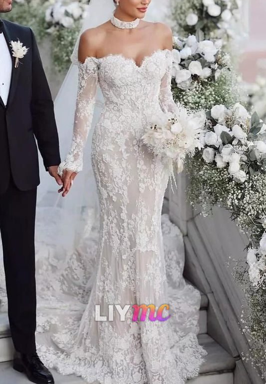 Sweetheart Long Sleeves Appliques Mermaid Wedding Dress