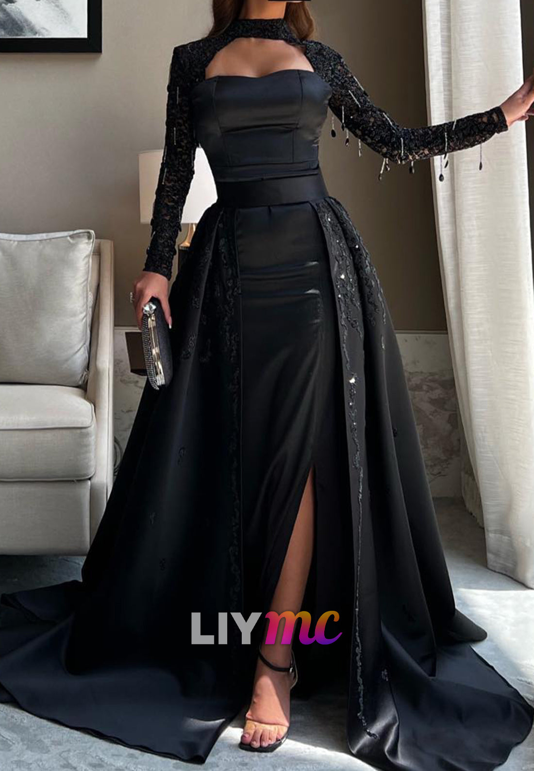 Sweetheart Long Sleeves Appliques Prom Dress Sheath Evening Dress