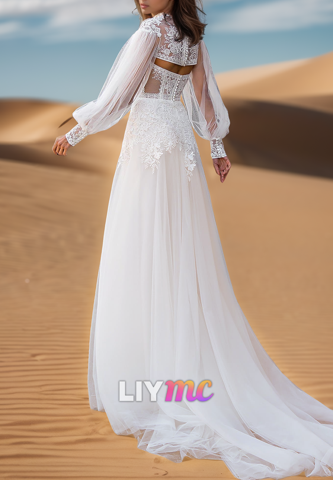 Sweetheart Long Sleeves Appliques Side Slit A-Line Beach Wedding Dress