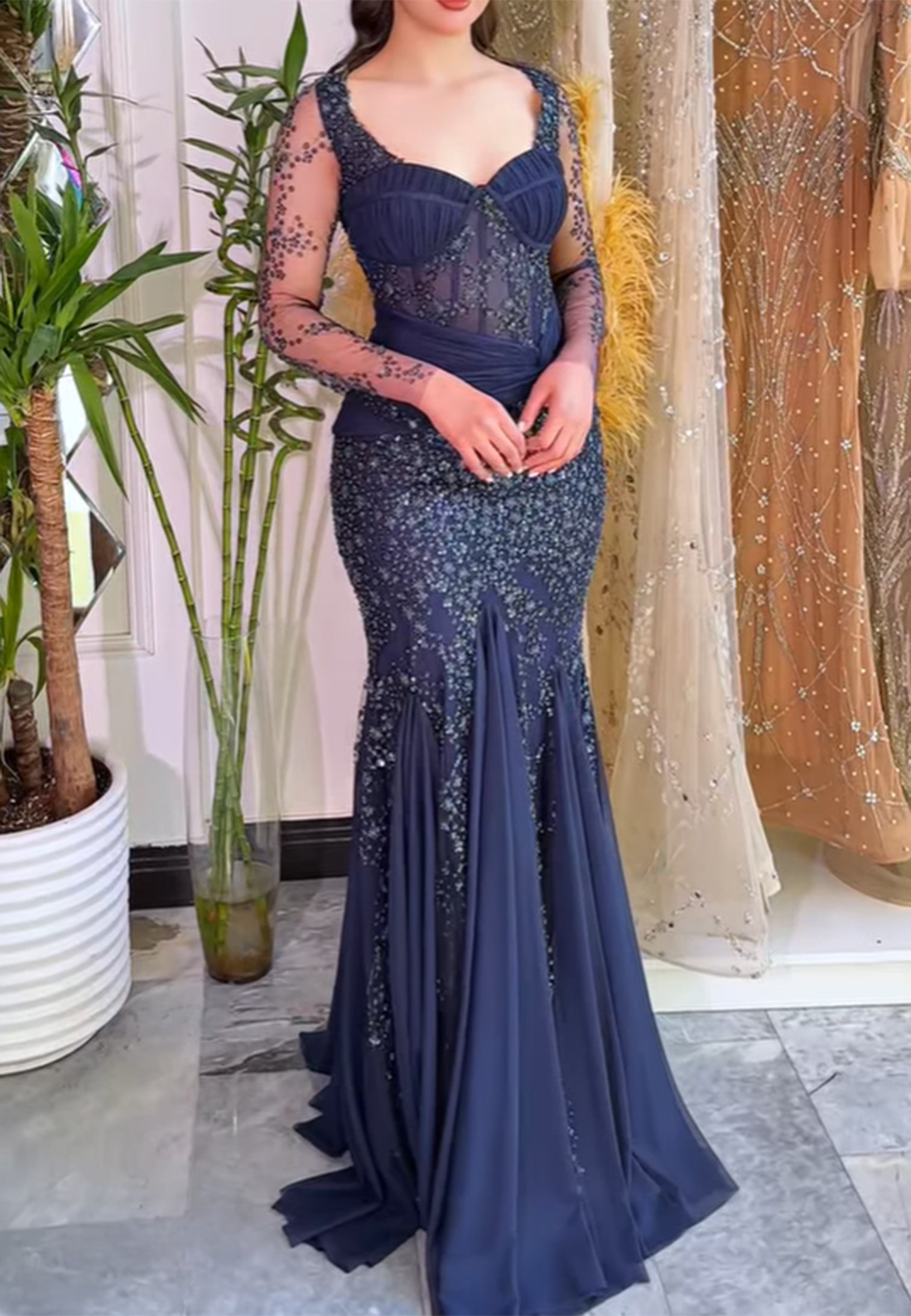 Sweetheart Long Sleeves Appliques Sparkly Mermaid Evening Dress
