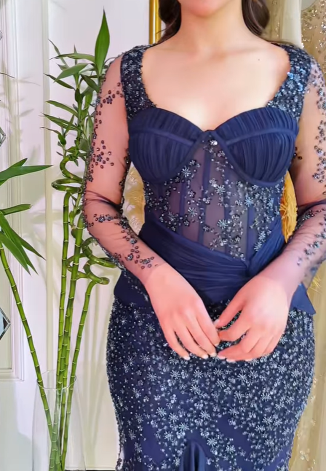 Sweetheart Long Sleeves Appliques Sparkly Mermaid Evening Dress