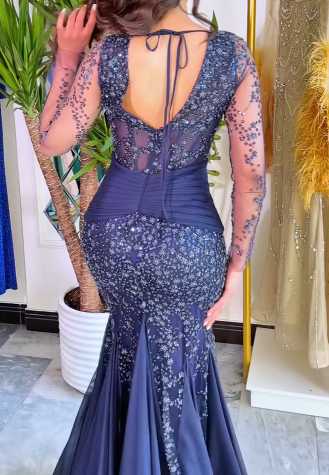 Sweetheart Long Sleeves Appliques Sparkly Mermaid Evening Dress