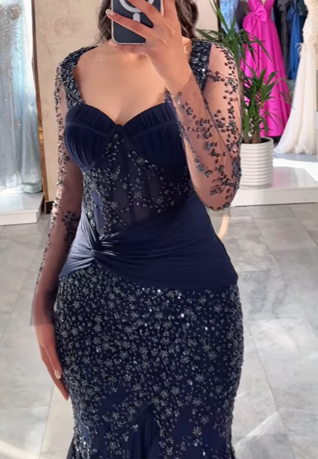 Sweetheart Long Sleeves Appliques Sparkly Mermaid Evening Dress