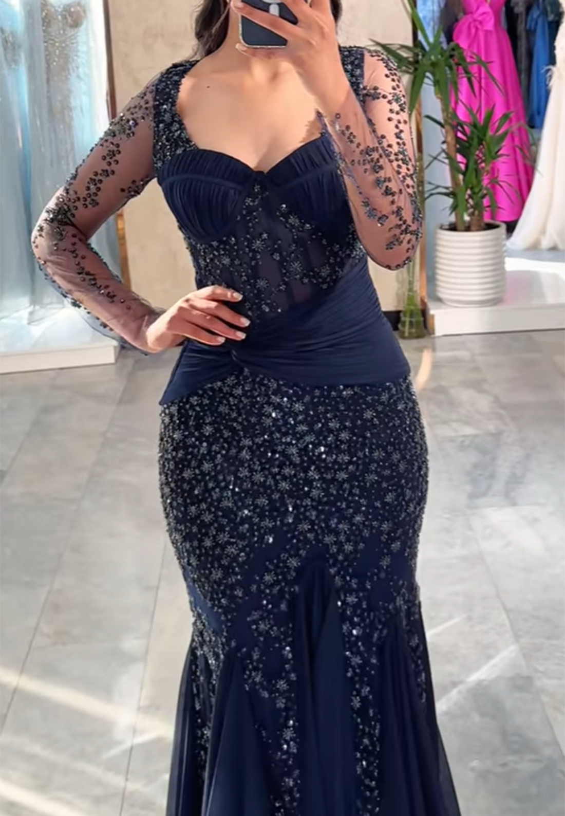 Sweetheart Long Sleeves Appliques Sparkly Mermaid Evening Dress