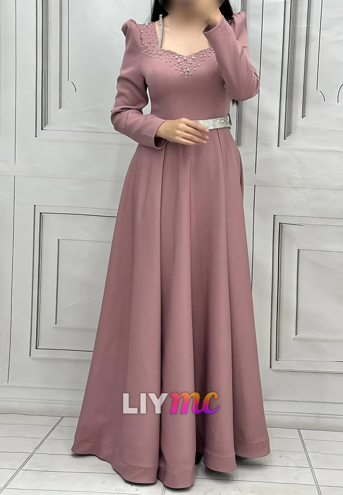 Sweetheart Long Sleeves Beaded A-Line Belt Mother of Bride Dress
