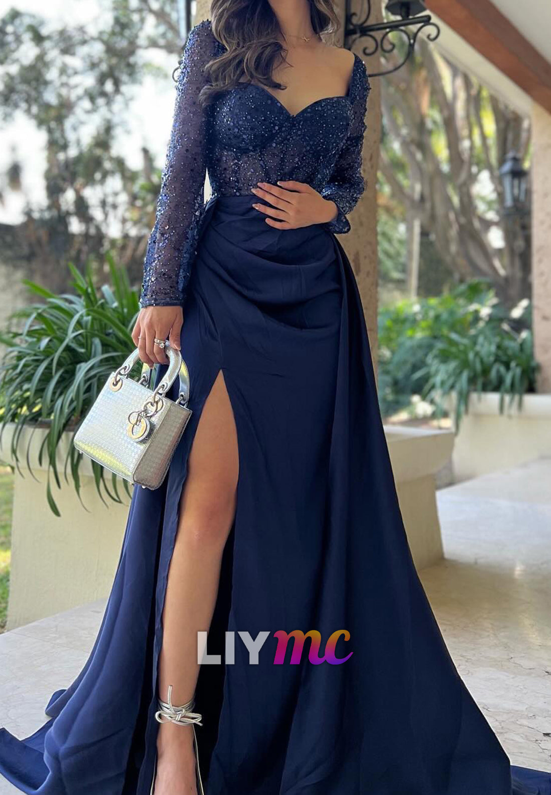 Sweetheart Long Sleeves Beaded Emboridery Formal Dress Sheath Evening Dress