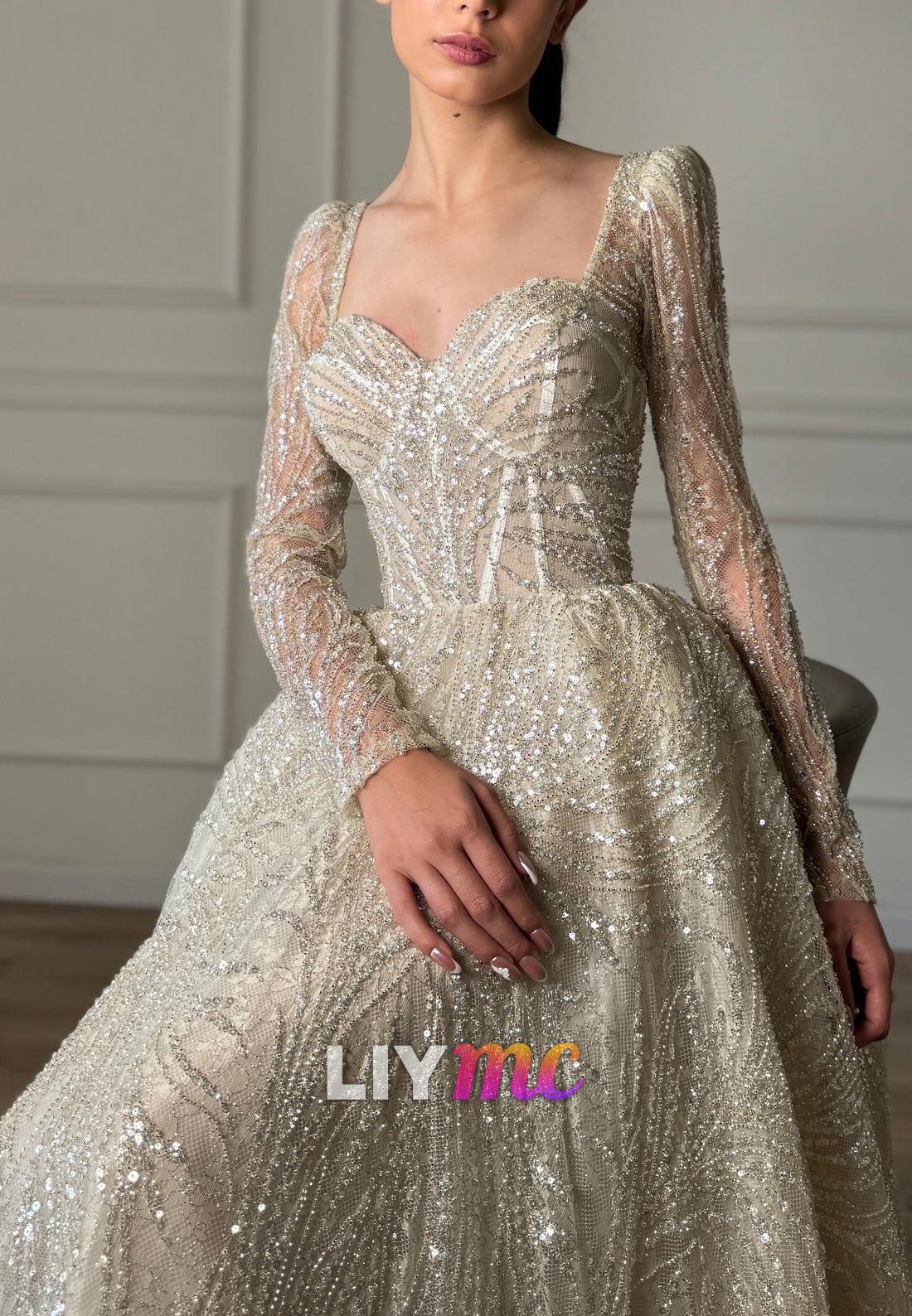 Sweetheart Long Sleeves Beaded Embroidery Sparkly A-Line Wedding Dress