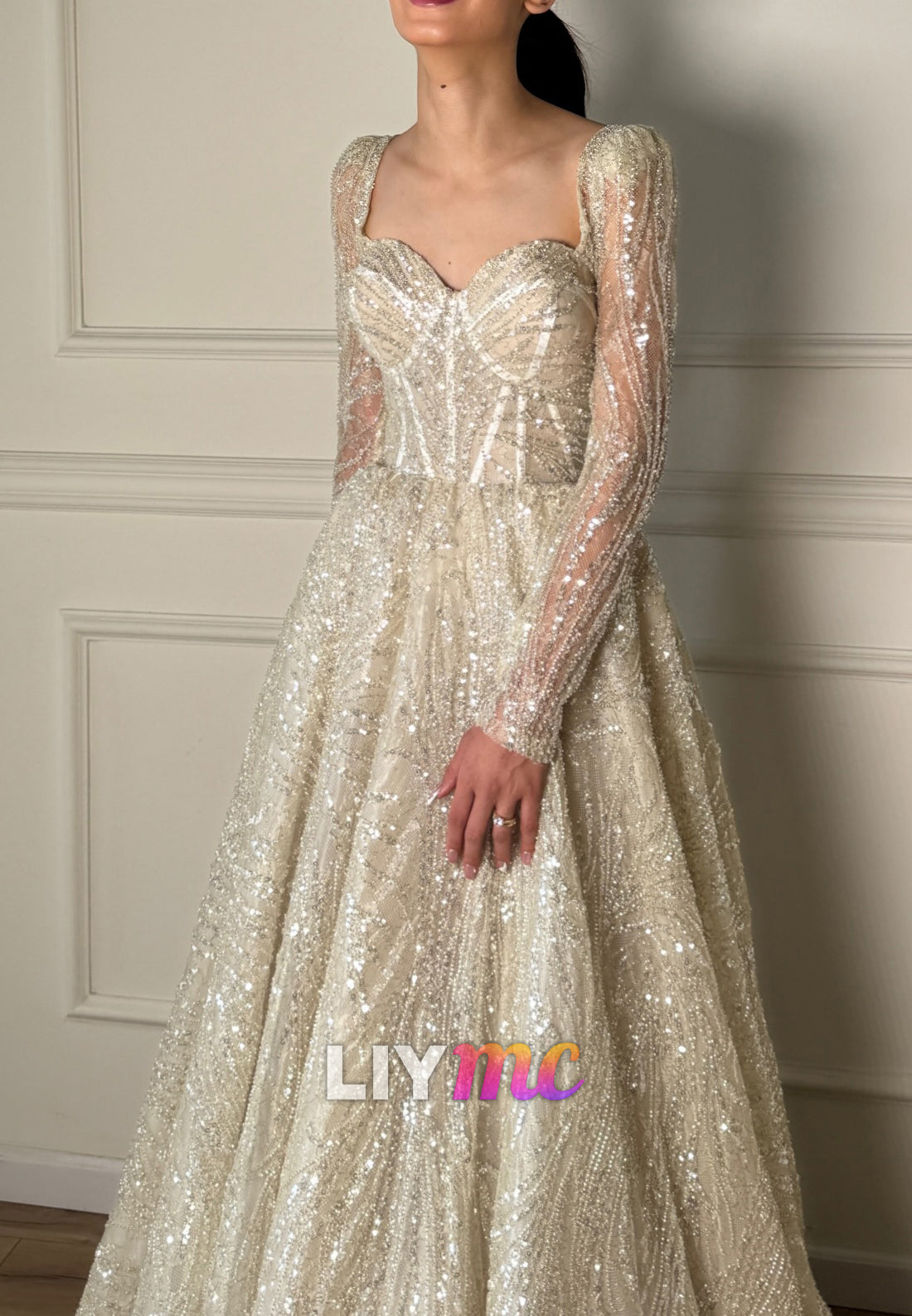 Sweetheart Long Sleeves Beaded Embroidery Sparkly A-Line Wedding Dress