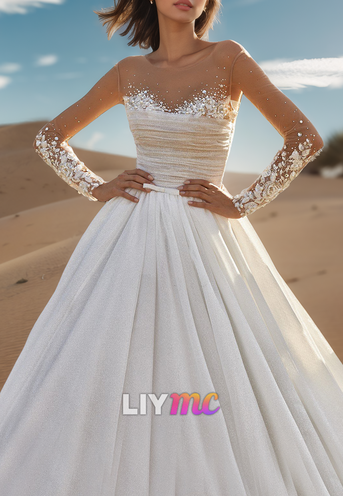 Sweetheart Long Sleeves Beaded Pleatedd Ball Gown Wedding Dress