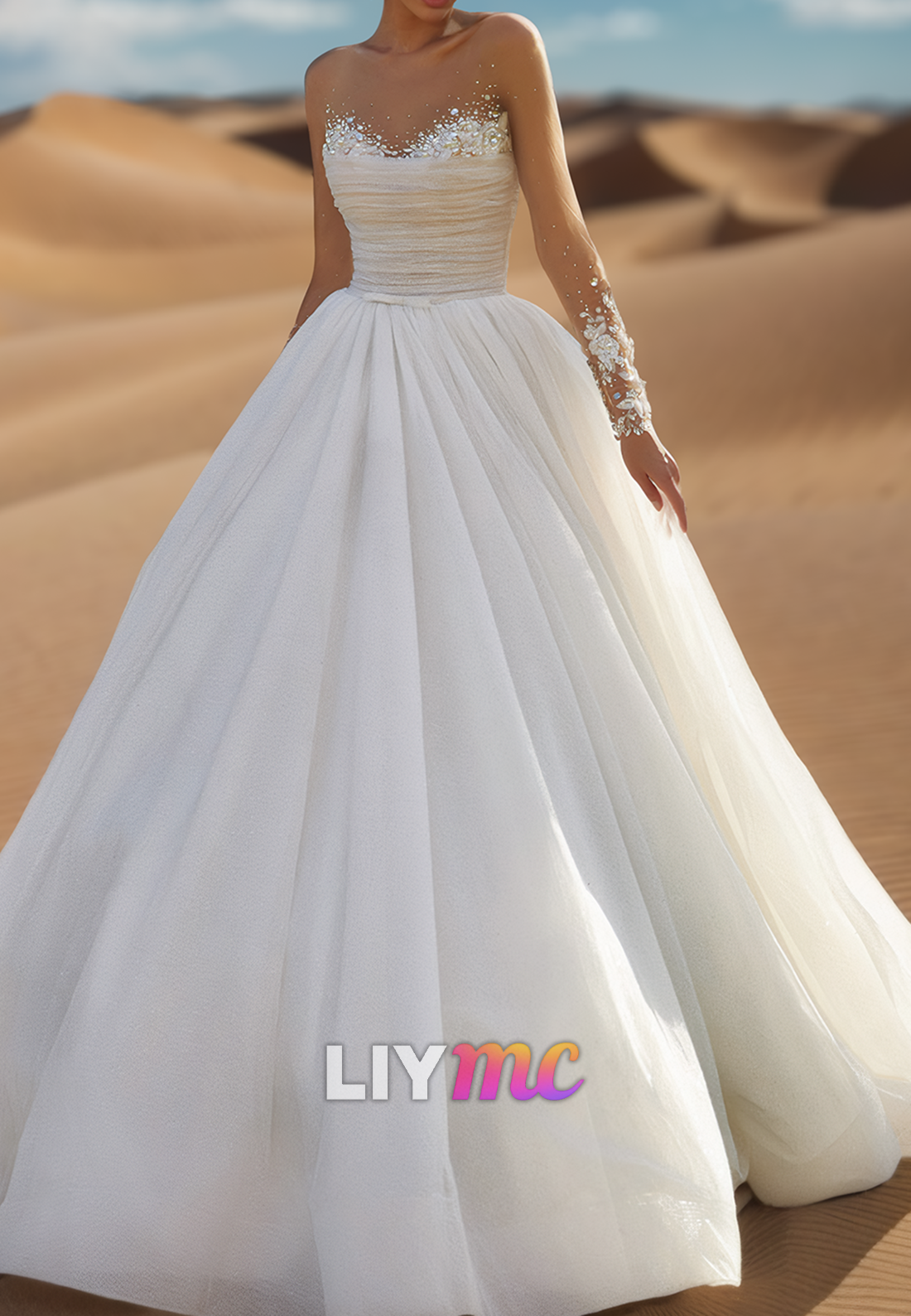 Sweetheart Long Sleeves Beaded Pleatedd Ball Gown Wedding Dress