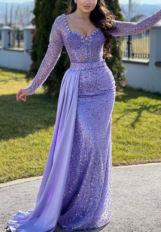 Sweetheart Long Sleeves Beaded Sequins Mermaid Prom Dress
