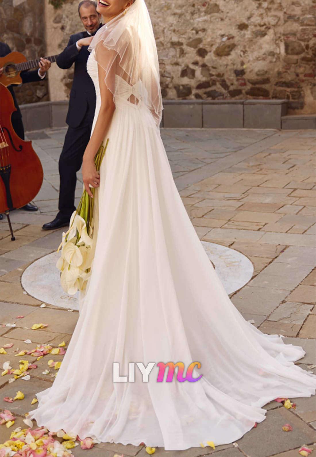 Sweetheart Long Sleeves Chiffon Pleated A-Line Beach Wedding Dress