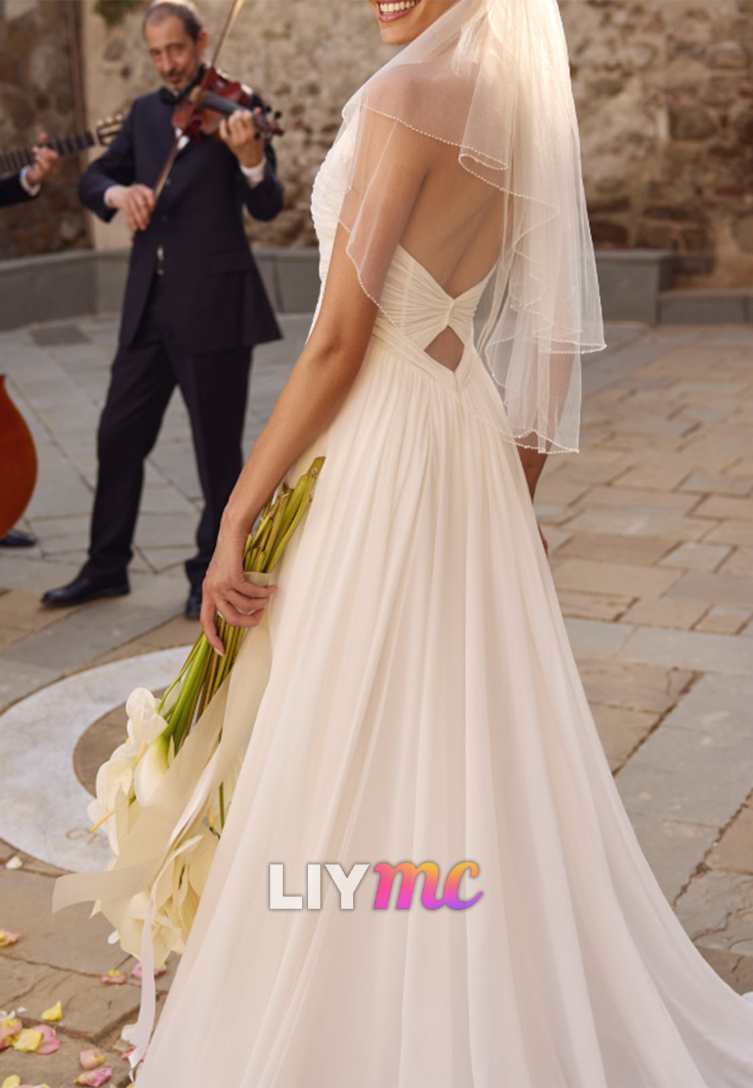 Sweetheart Long Sleeves Chiffon Pleated A-Line Beach Wedding Dress
