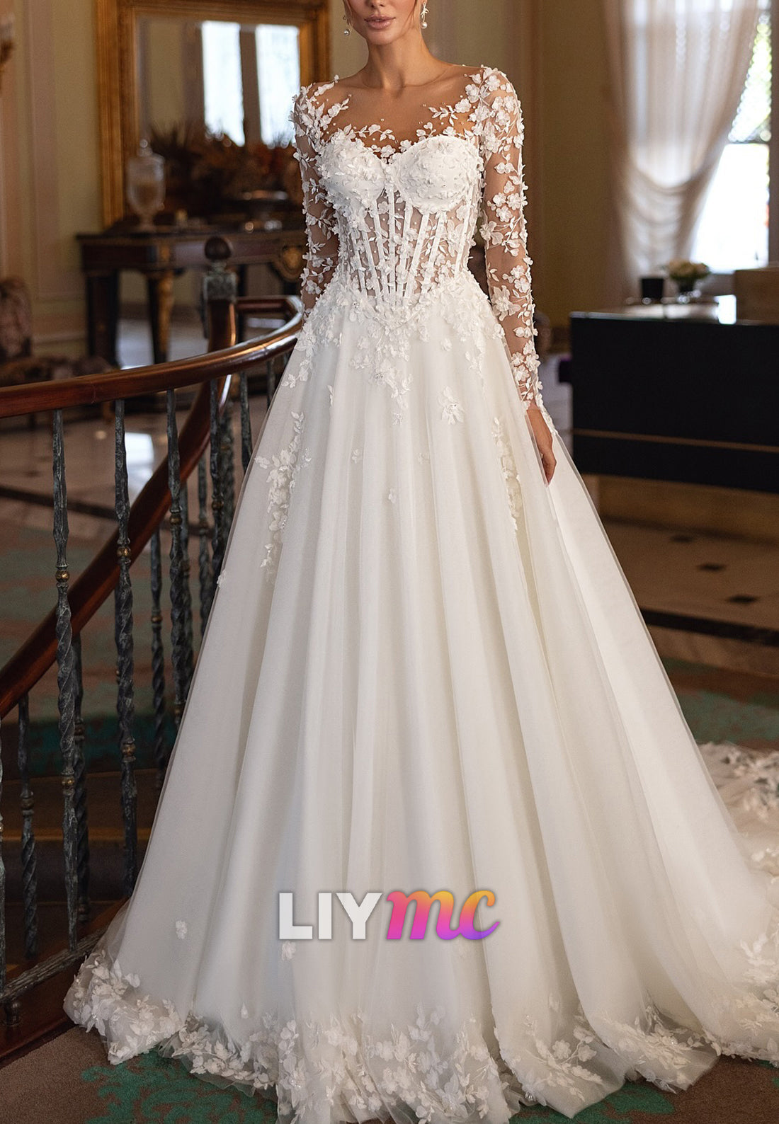 Sweetheart Long Sleeves Floral Embellished A-Line Wedding Dress