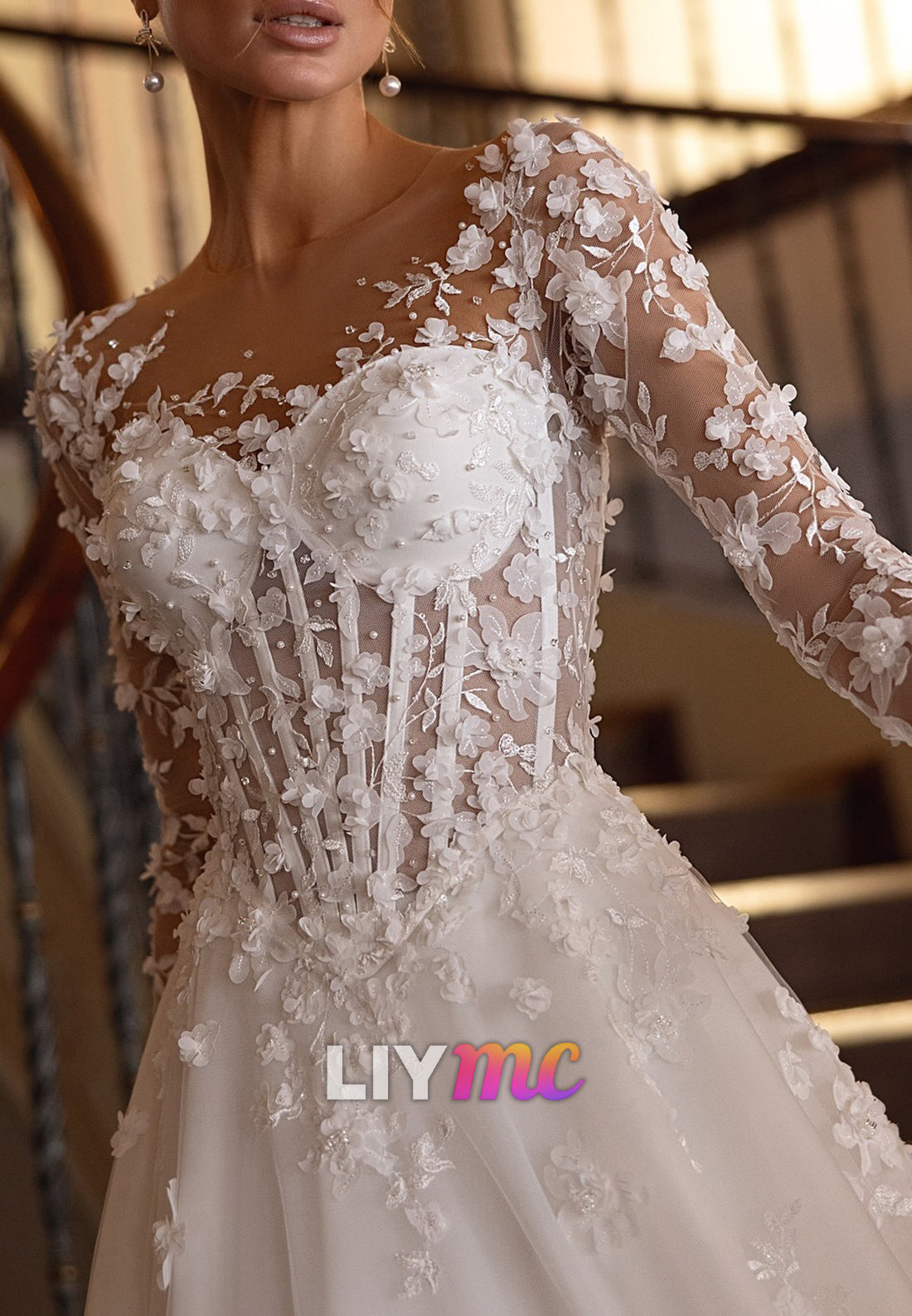 Sweetheart Long Sleeves Floral Embellished A-Line Wedding Dress