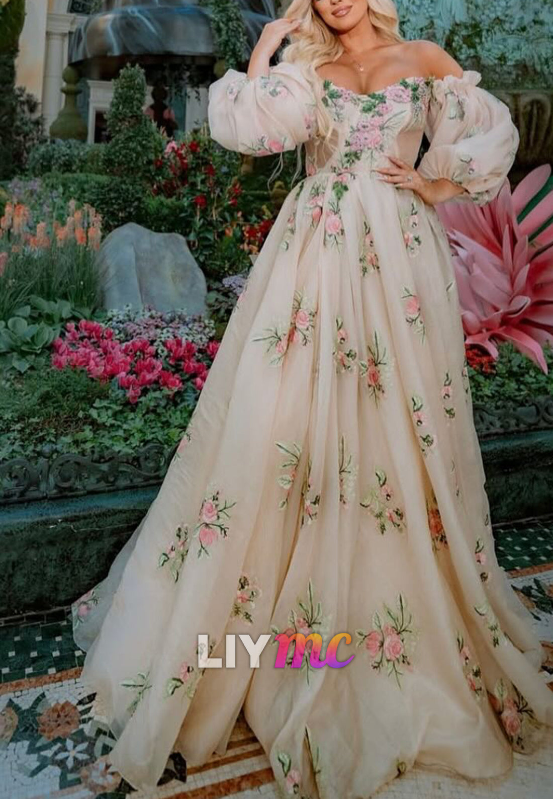 Sweetheart Long Sleeves Floral Printed A-Line Evening Dress