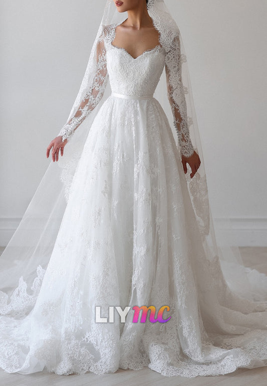 Sweetheart Long Sleeves Lace Appliques A-Line Wedding Dress