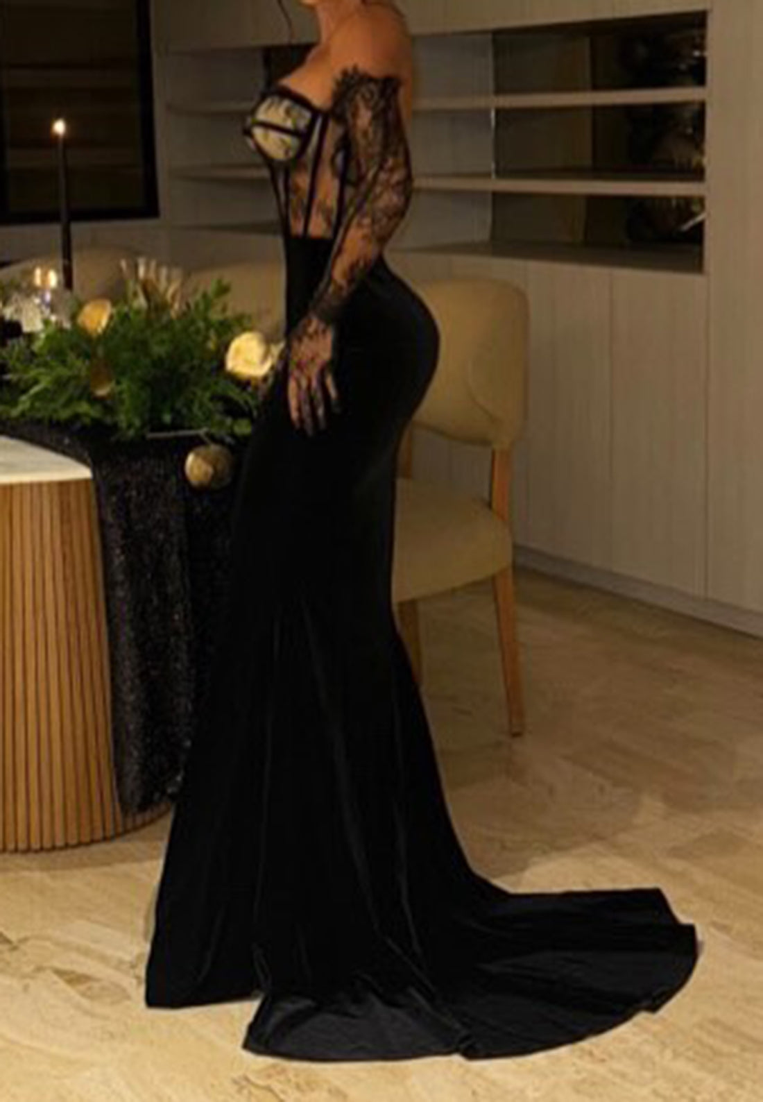 Sweetheart Long Sleeves Lace Appliques Evening Dress Mermaid Formal Dress