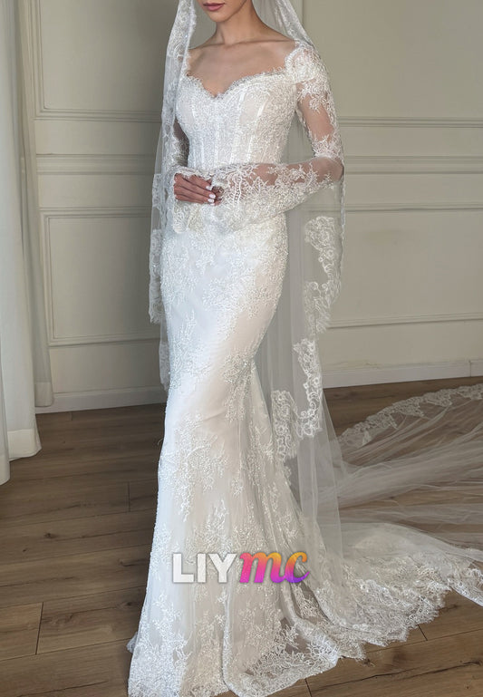 Sweetheart Long Sleeves Lace Appliques Fitted Mermaid Wedding Dress
