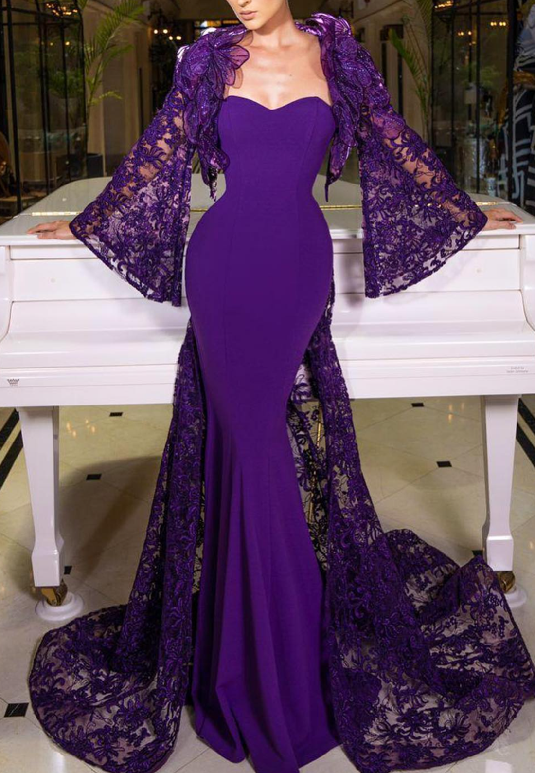 Sweetheart Long Sleeves Lace Appliques Mermaid  Evening Dress