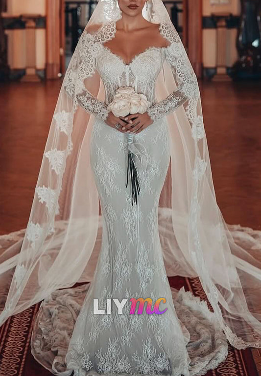 Sweetheart Long Sleeves Lace Appliques Mermaid Wedding Dress