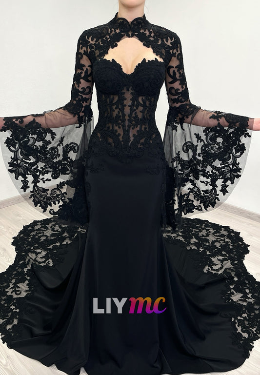 Sweetheart Long Sleeves Lace Appliques Mermaid Wedding Dress