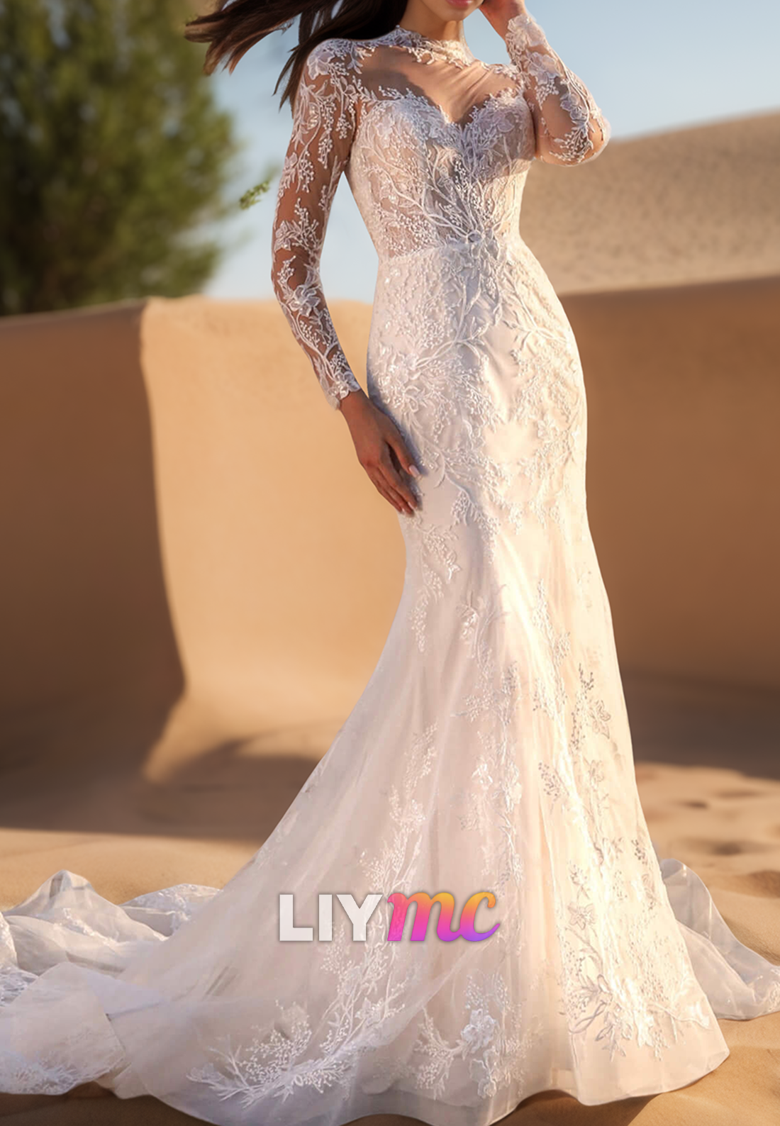 Sweetheart Long Sleeves Lace Appliques Mermaid Wedding Dress