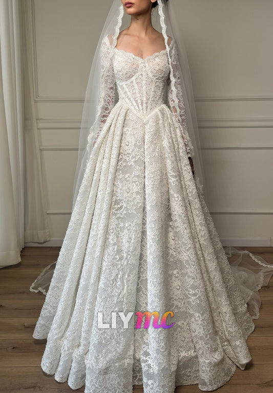 Sweetheart Long Sleeves Pleated Lace Appliques A-Line Wedding Dress