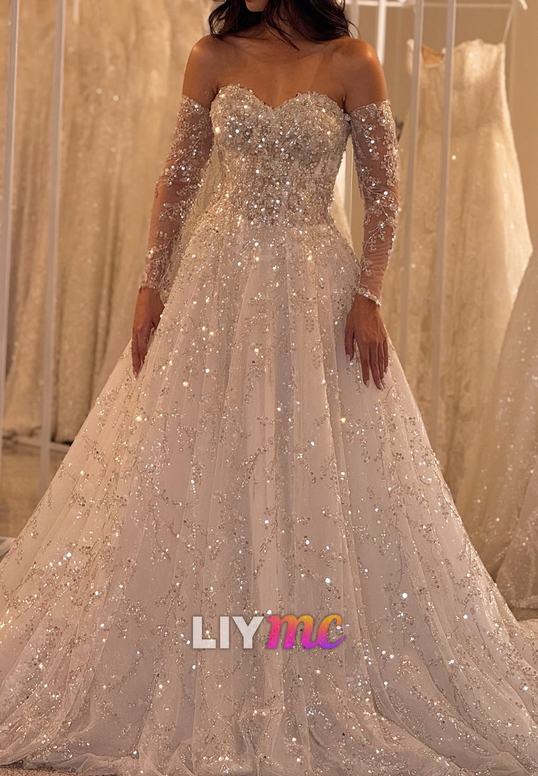 Sweetheart Long Sleeves Sequins Beaded Embroidery Sparkly A-Line Wedding Dress