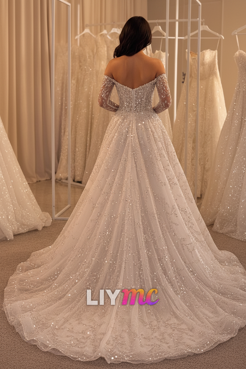 Sweetheart Long Sleeves Sequins Beaded Embroidery Sparkly A-Line Wedding Dress