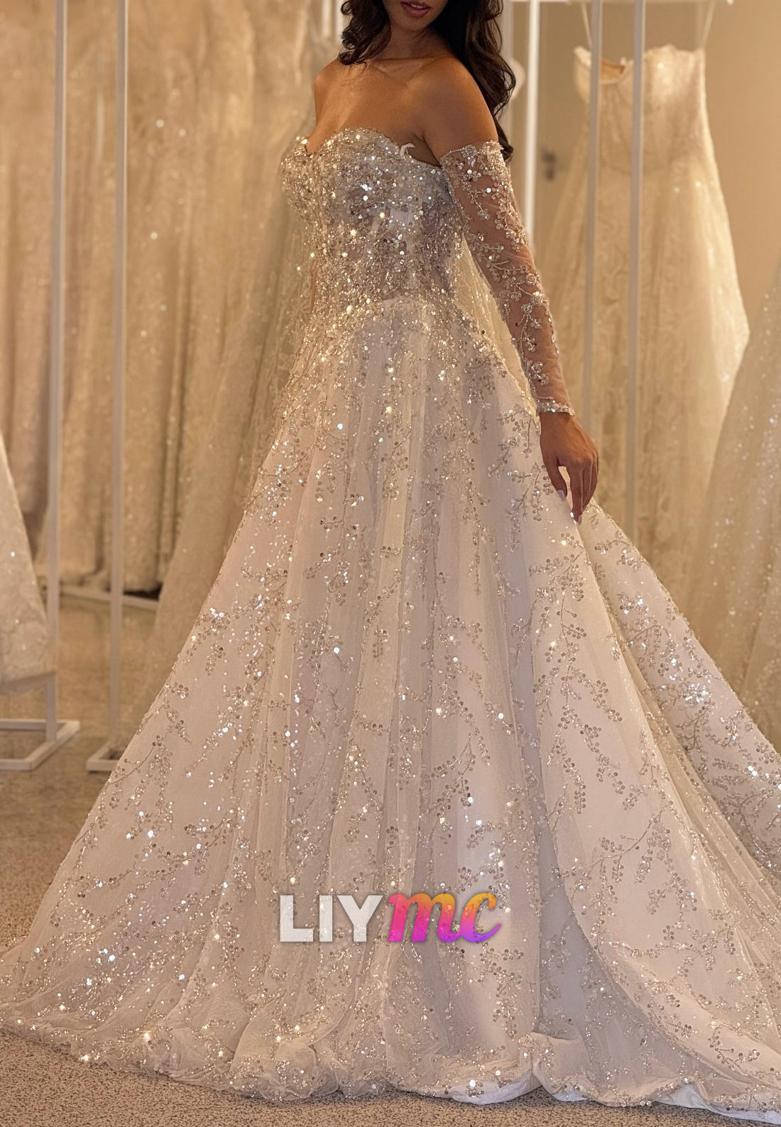 Sweetheart Long Sleeves Sequins Beaded Embroidery Sparkly A-Line Wedding Dress