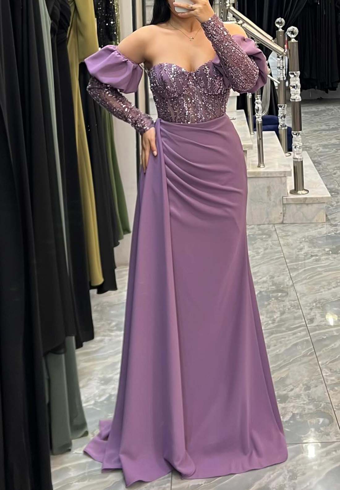 Sweetheart Long Sleeves Sparkly Ruched Sheath Evening Dress