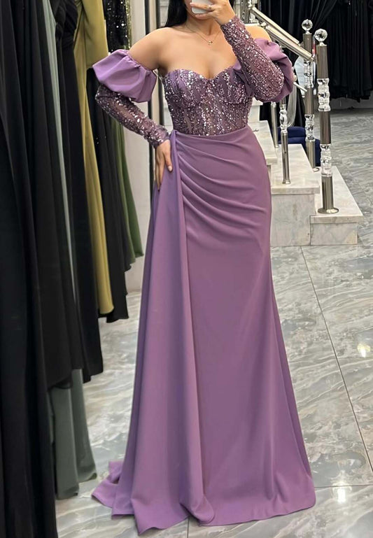 Sweetheart Long Sleeves Sparkly Ruched Sheath Evening Dress
