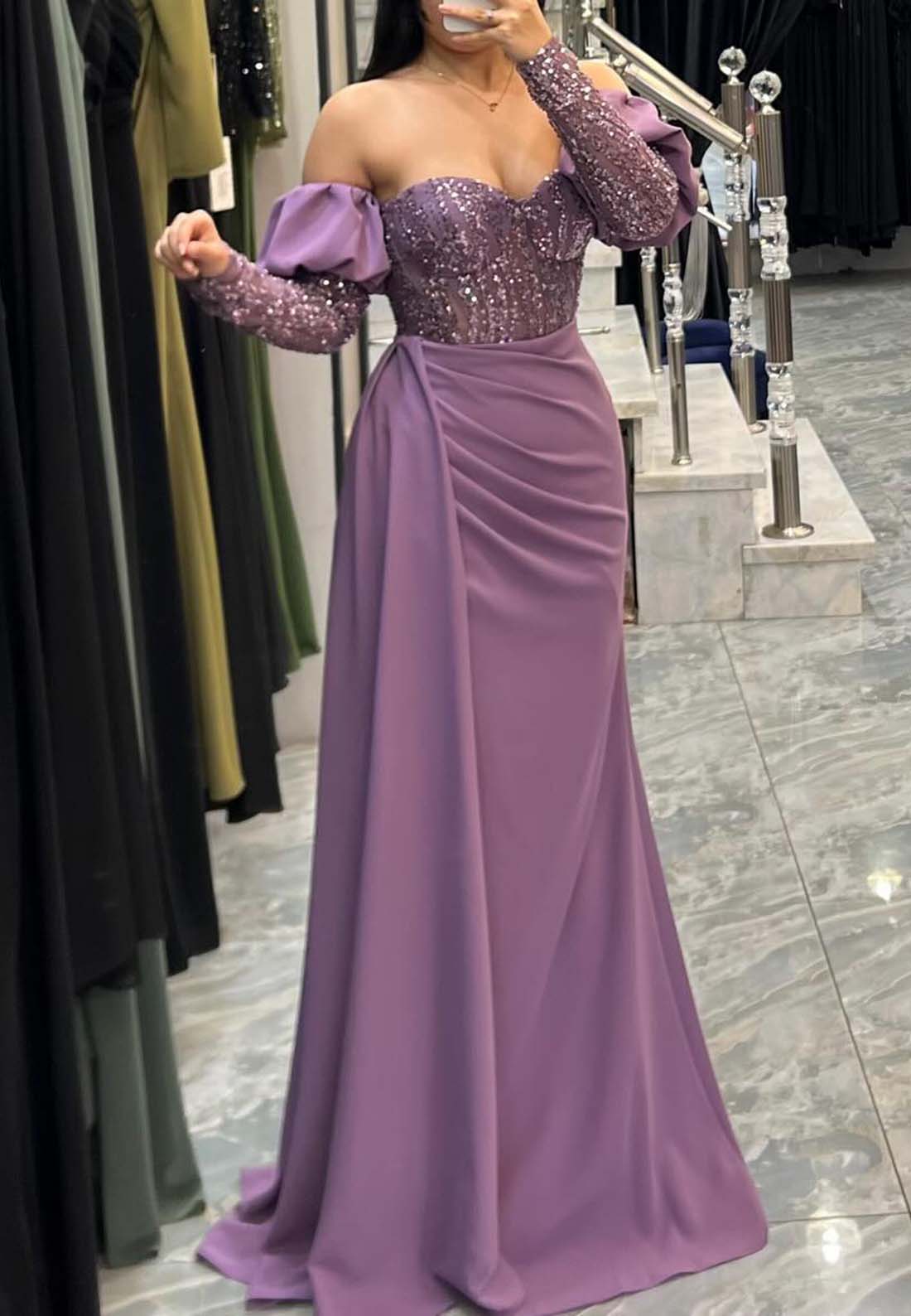 Sweetheart Long Sleeves Sparkly Ruched Sheath Evening Dress