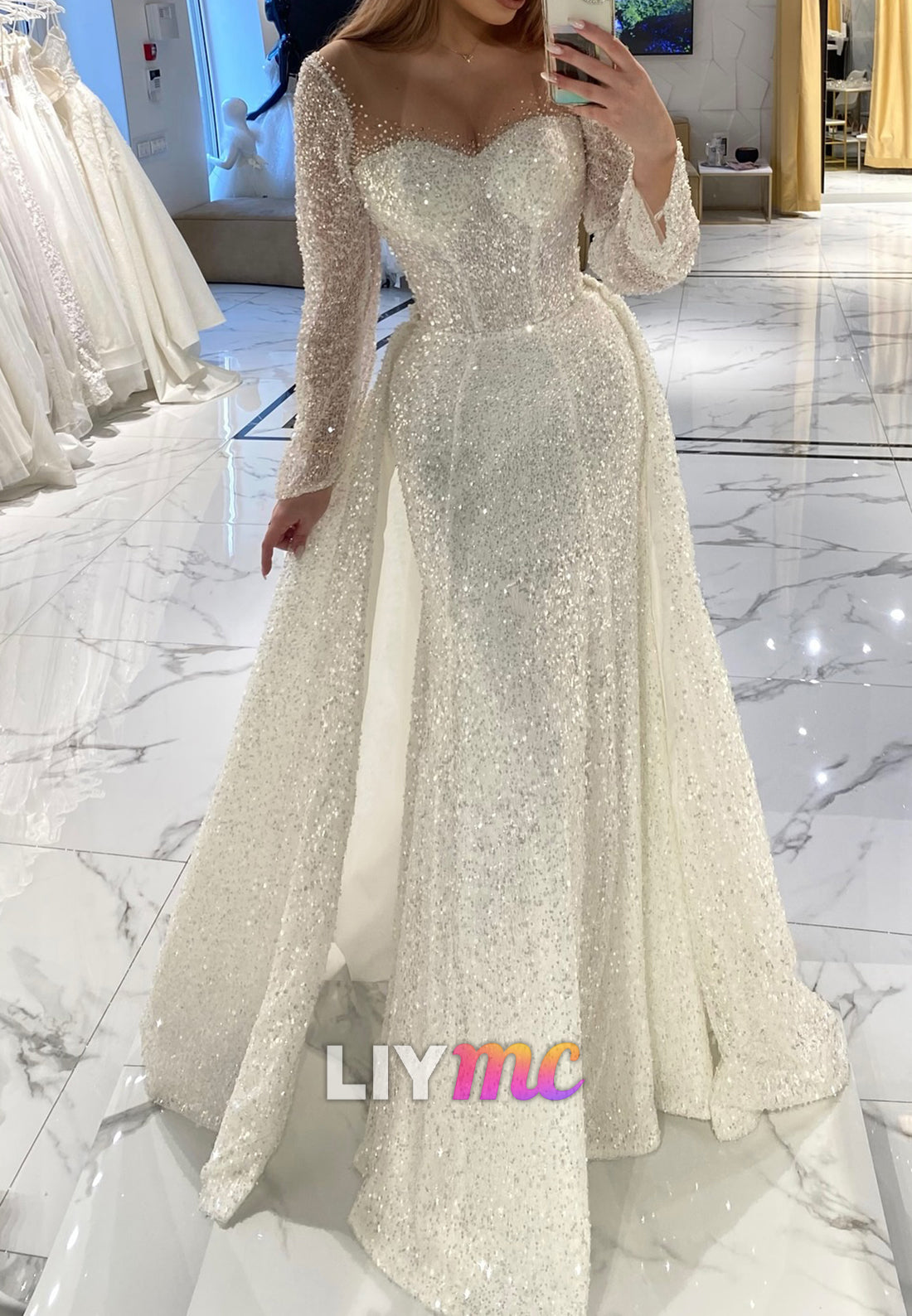 Sweetheart Long Sleeves Sparkly Sheath Wedding Dress