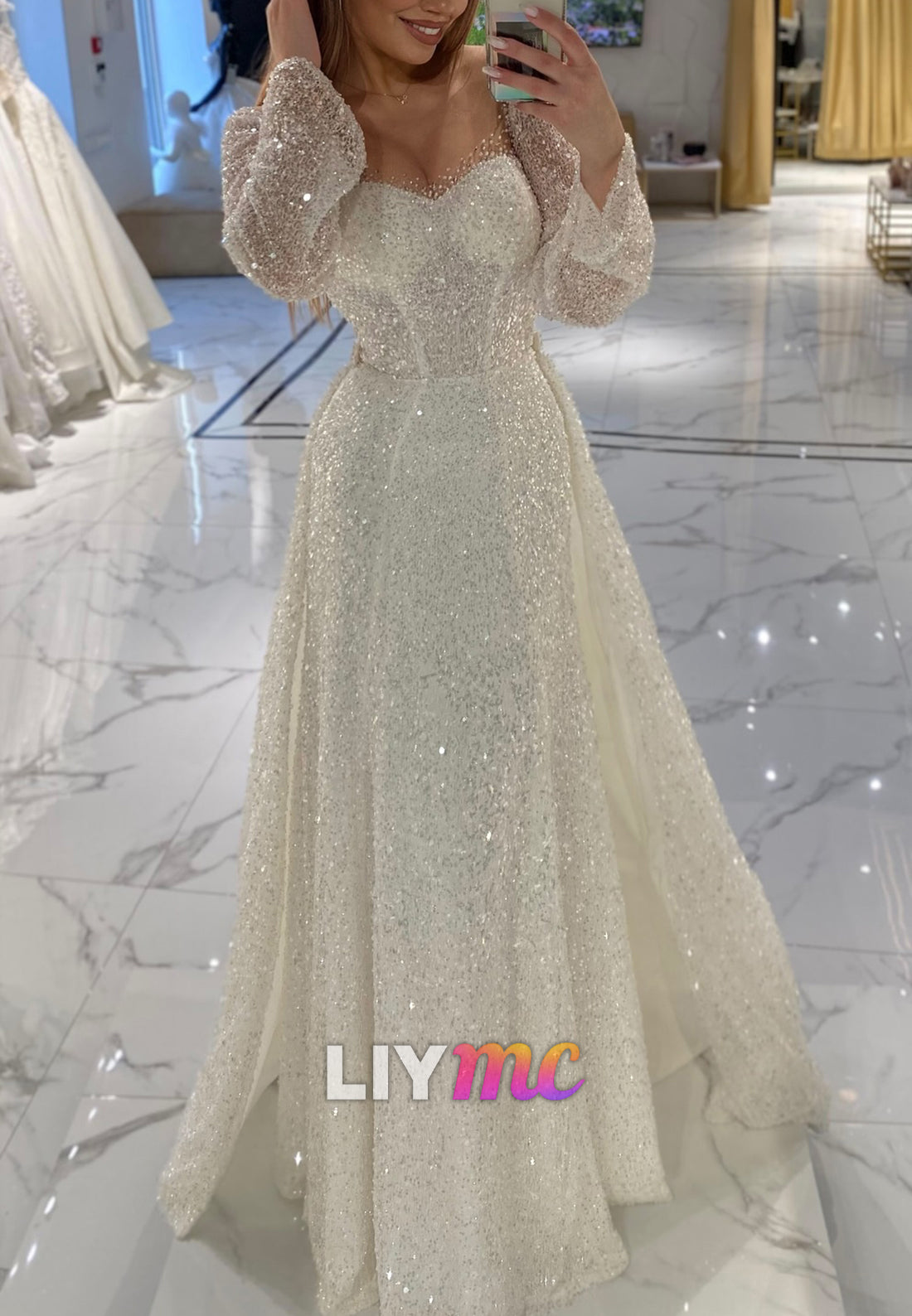 Sweetheart Long Sleeves Sparkly Sheath Wedding Dress